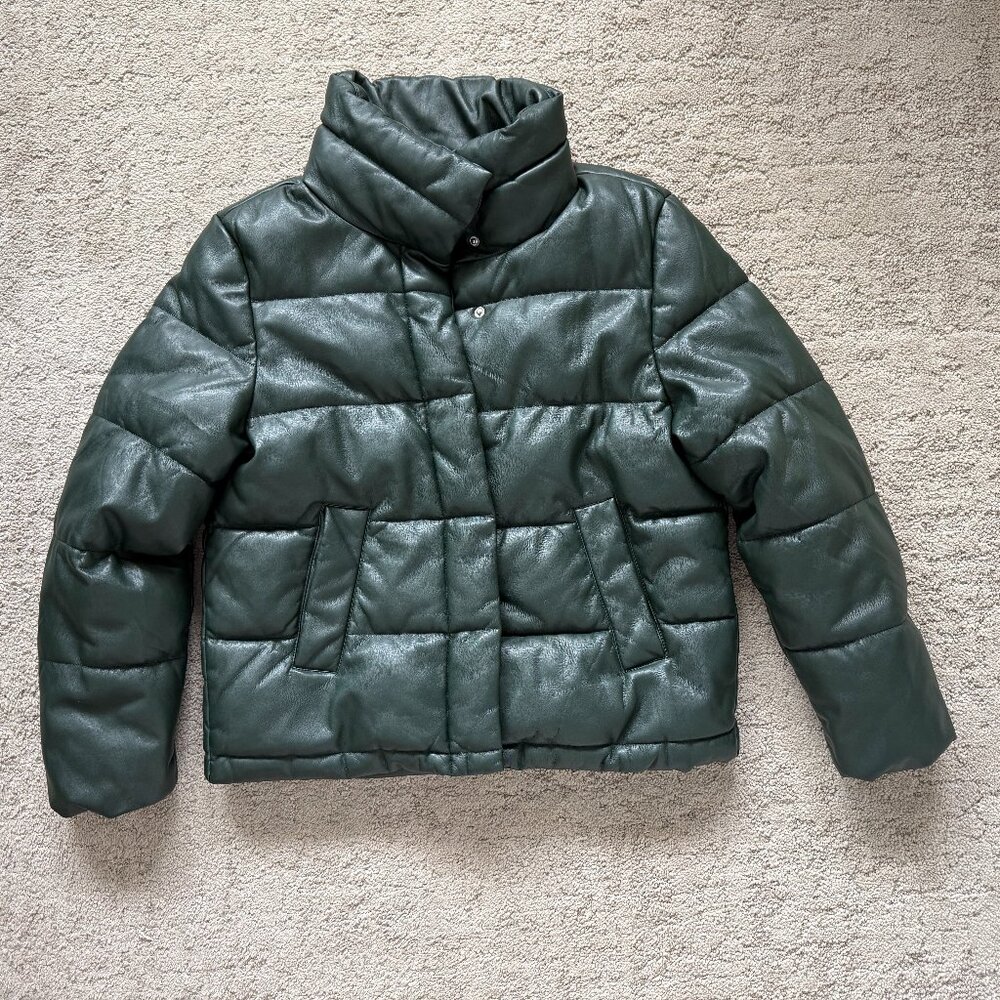 7 For All Mankind Vegan Leather Puffer Jacket Forest Green — Medium